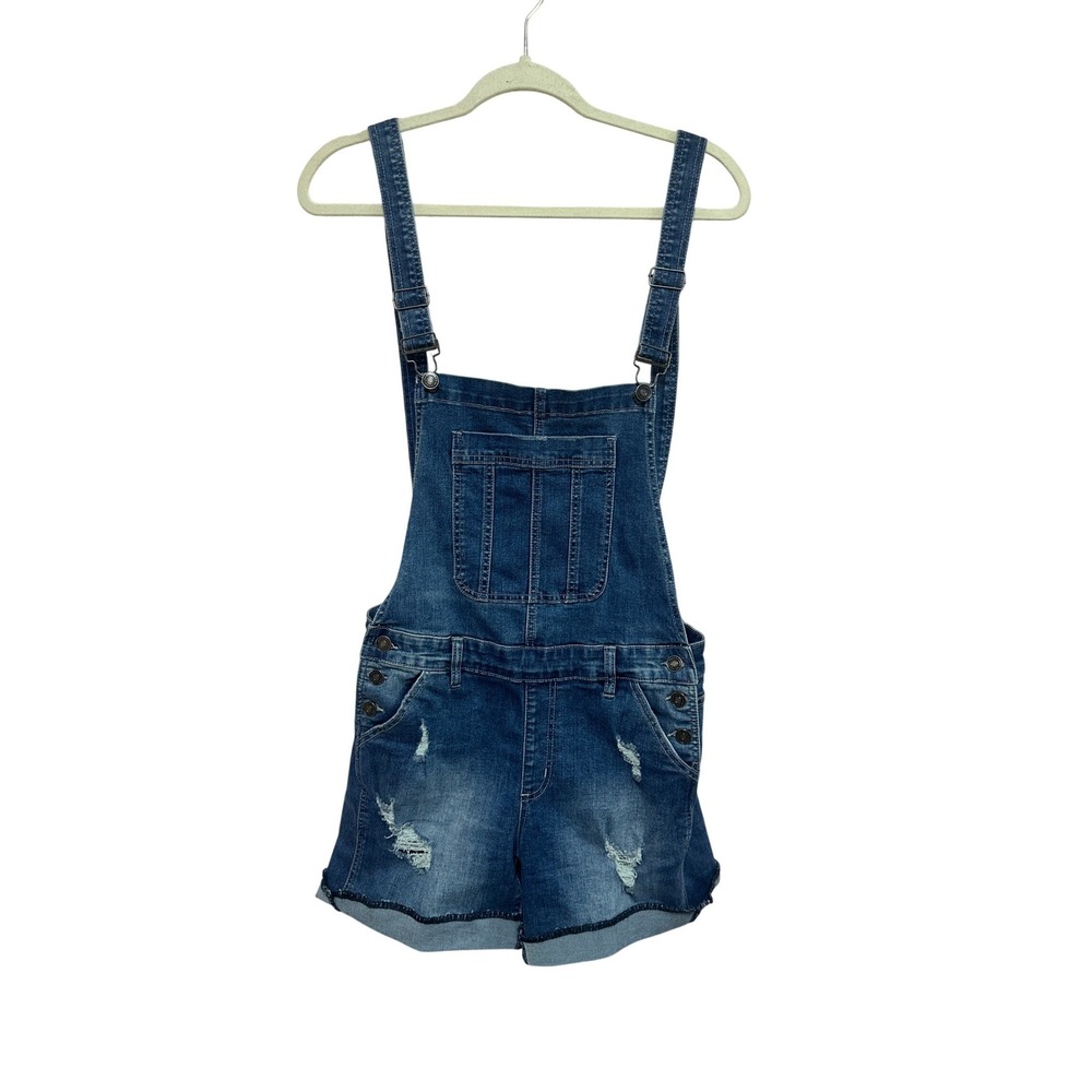 KanCan Womens Large Distressed Denim Shortalls Cuffed Overalls KC5130M